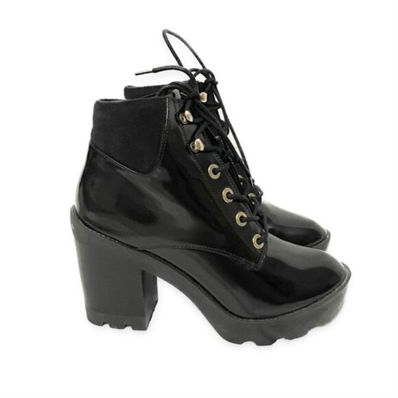 aldo | black gold patent leather lug sole combat chunky platform ankle booties - Picture 1 of 4